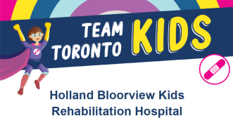 A cartoon image of a child in a cape sits to the right of a blue banner reading Team Toronto Kids.