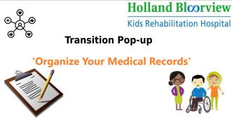 A banner with text reading 'Transition pop-up, organize your medical records' surrounded by cartoon graphics of people, writing materials and the Holland Bloorview logo.
