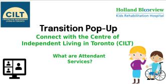 A banner featuring the title of the event and 'Connect with the Centre of Independent Living in Toronto ' surrounded by cartoon images of people, a computer, the CILT logo and the Holland Bloorview logo.