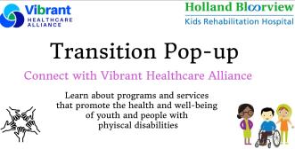 A banner with text reading 'Transition pop-up, connect with vibrant healthcare alliance. Learn about programs and services that promote the health and well-being of youth and people with physical disabilities' surrounded by cartoon images of people, hands the VHA logo and the HB logo.