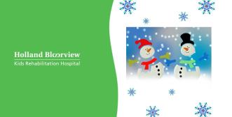 An image of two snow people surrounded by snowflakes sits next to the Holland Bloorview logo on green