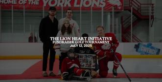 The Lion Heart Initiative Fundraiser Golf Tournament July 12, 2025. In the faded background are 2 male hockey players standing on the ice with a young boy in a hockey sled, his dad, a young man and a young girl standing beside him.