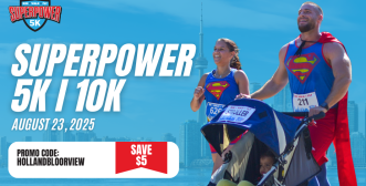 superpower 5k/10k banner with a female and male each wearing superman costumes pushing a stroller.
