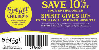 a coupon for saving 10% at spirit halloween stores, with proceeds coming to Holland Bloorview.
