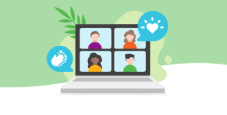 An illustration of a laptop with an online meeting on the screen